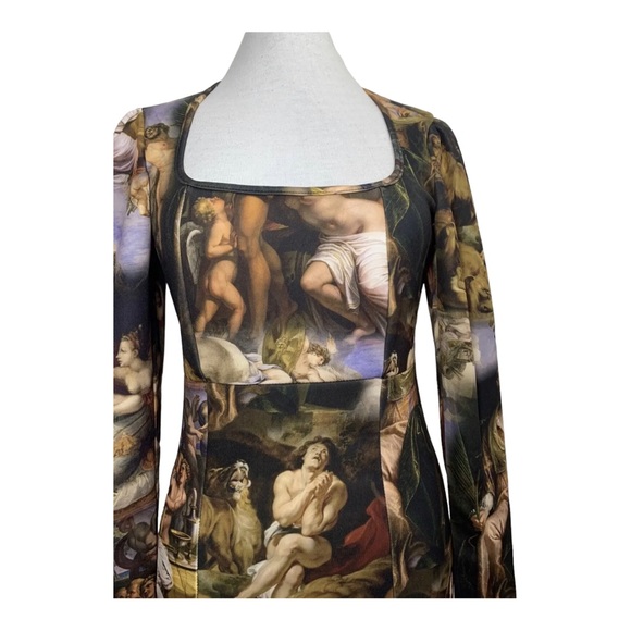 PrettyLittleThing PLT Mini Dress Renaissance Print Long Sleeve Brown Mix Scuba - Picture 13 of 14